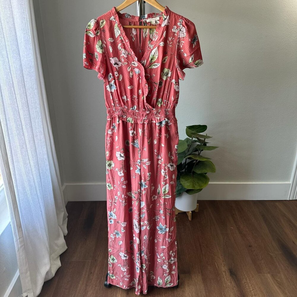 Womens Skies Are Blue Coral Mauve Floral Polka Dot Cinched Waist Jumpsuit S NWT